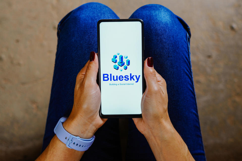 BRAZIL - 2023/05/31: In this photo illustration, the Bluesky logo is displayed on a smartphone screen. (Photo Illustration by Rafael Henrique/SOPA Images/LightRocket via Getty Images)