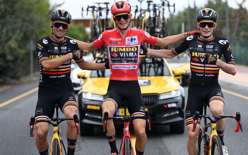 Jumbo-Visma's Sepp Kuss, Primoz Roglic and Jonas Vingegaard