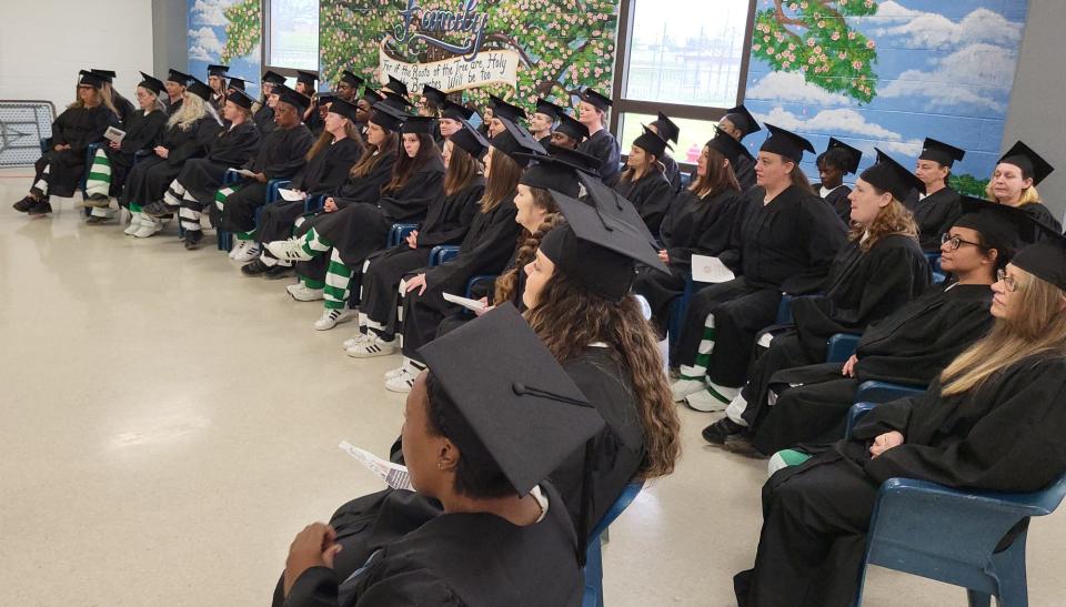 Inmates participate in commencement exercises for the first Reentry Academy graduation at the Mississippi Correctional Institute for Women in Rankin County on March 22, 2024.
