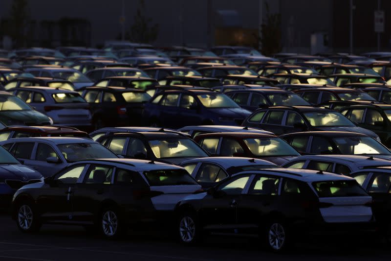 Cars are parked in the courtyard of Skoda Auto's factory as the company restarts production after shutting down last month due to the coronavirus disease (COVID-19) outbreak in Mlada Boleslav