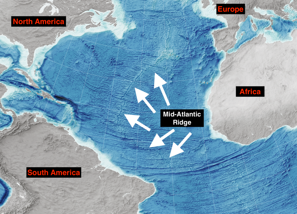 Eine Karte des Bodens des Atlantischen Ozeans. - Copyright: NASA Earth Observatory map by Joshua Stevens, using data from Sandwell, D. et al. (2014).