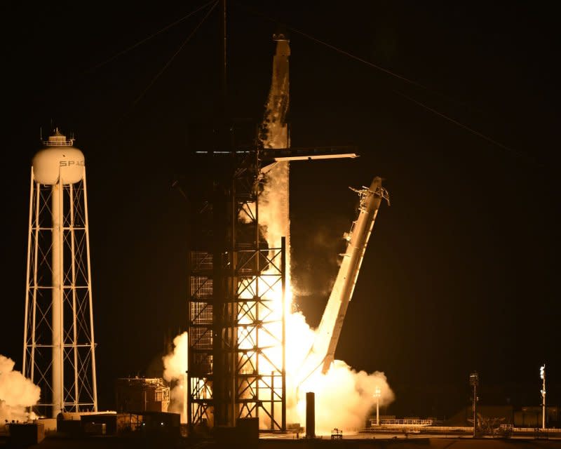A SpaceX Falcon 9 rocket launches its Cargo Dragon spacecraft with NASA's Crew 8 to the International Space Station at 10:53 p.m. from Launch Complex 39A at the Kennedy Space Center, Fla., on Sunday. Photo by Joe Marino/UPI