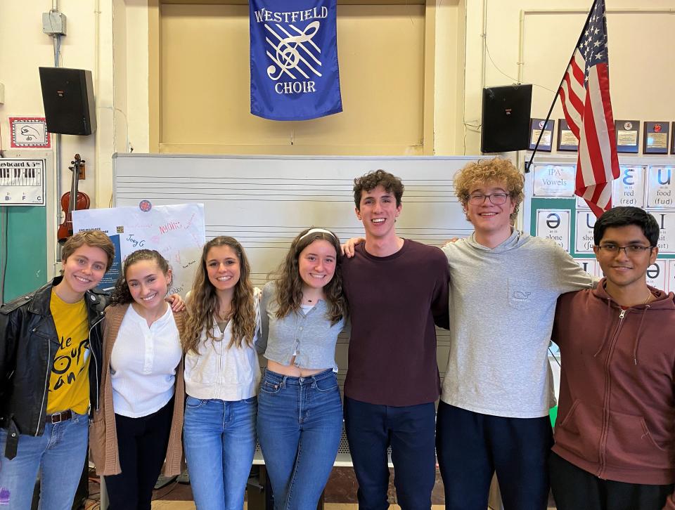 Seven Westfield High School Choir singers were accepted into the 2023 All Eastern Chorus ensembles.  (L-R) Sophie Havens, Sarah LaMonica, Angelina Mora, Lucie Saint-Denis, Evan Leone, Ryan Williamson, Aprameyo Chakravarty