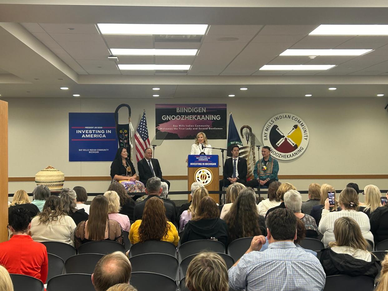 First Lady Jill Biden takes part in a discussion with the Bay Mills Indian Community and Sault Tribe of Chippewa Indians  about the importance of investing in local areas on Thursday, May 16, 2024.