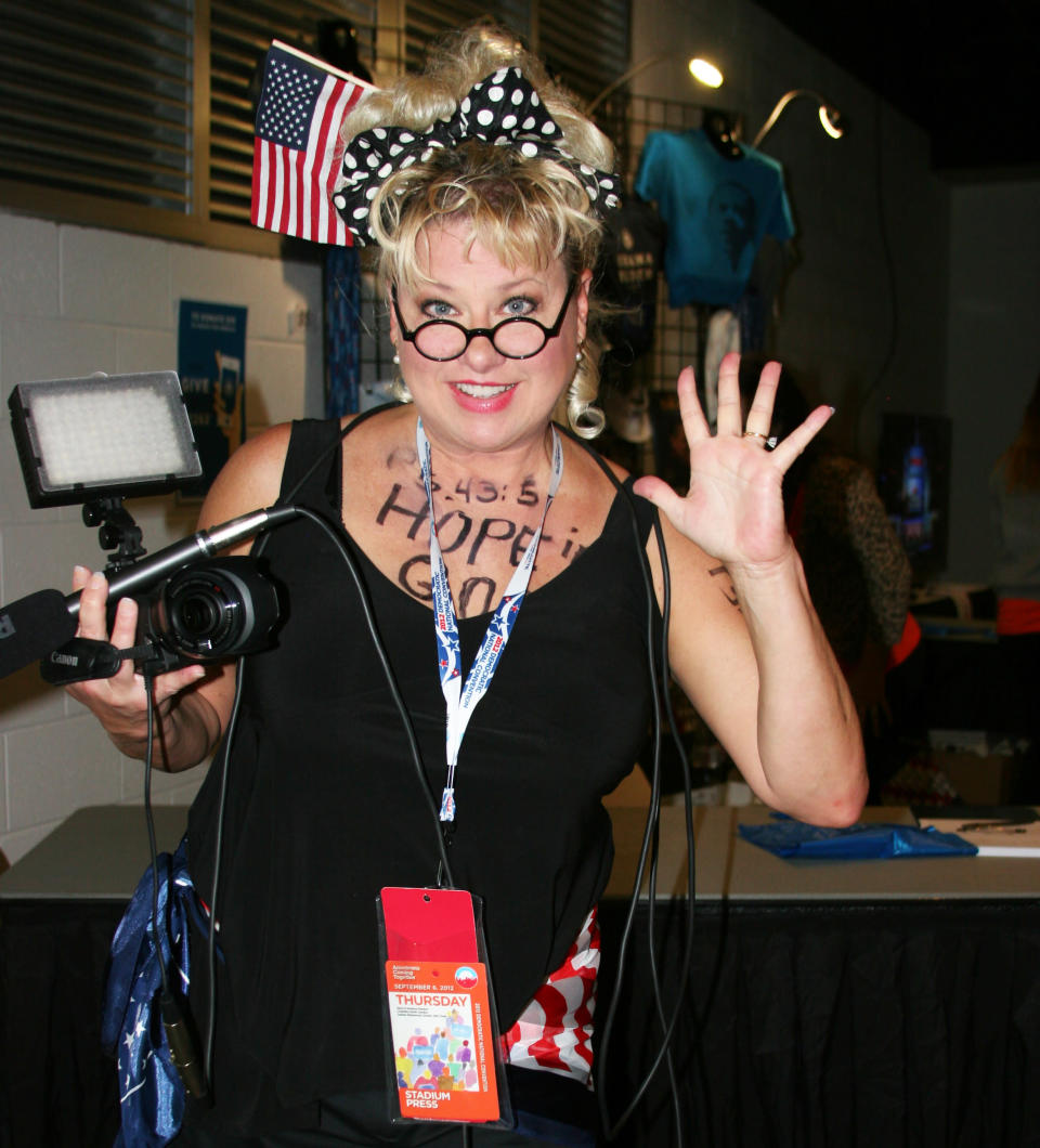 Comedian, satirist and former Saturday Night Live actress Victoria Jackson says, "I'm trying to jazz up politics -- it's so boring!" She hosts the radio program called the Victoria Jackson Show. Jackson posed for a photo just outside the arena floor at the  Democratic National Convention on Thursday Sept. 6, 2012. (Torrey AndersonSchoepe/Yahoo! News)