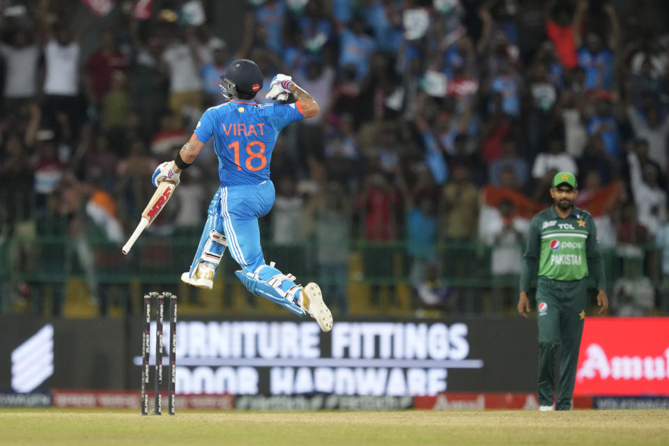 India's Virat Kohli celebrates his century during the Asia Cup cricket match between India and Pakistan in Colombo, Sri Lanka on Monday, Sept.11, 2023. (AP Photo/Eranga Jayawardena)