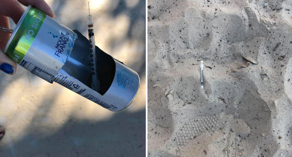 A syringe in a cut-up can (left) and another in the sand (right) after a Sunshine Coast mother found them at Grahame Stewart Park in Currimundi.