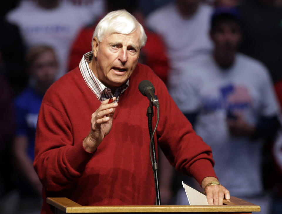 FILE - In this April 27, 2016, file photo, former Indiana basketball coach Bob Knight speaks during campaign stop for Republican presidential candidate Donald Trump in Indianapolis. The Washington Post reports that the FBI and the U.S. Army investigated complaints from four women that Knight groped them or touched them inappropriately during a visit to a U.S. spy agency in 2015. The investigation concluded a year later without charges being filed.(AP Photo/Darron Cummings, File)