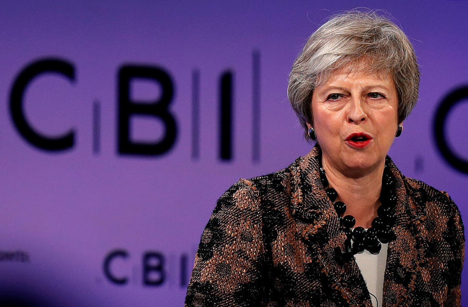 Defiant: Britain’s prime minister Theresa May addresses delegates at the annual Confederation of British Industry conference in London on Monday. Photo: Adrian Dennis/AFP/Getty Images