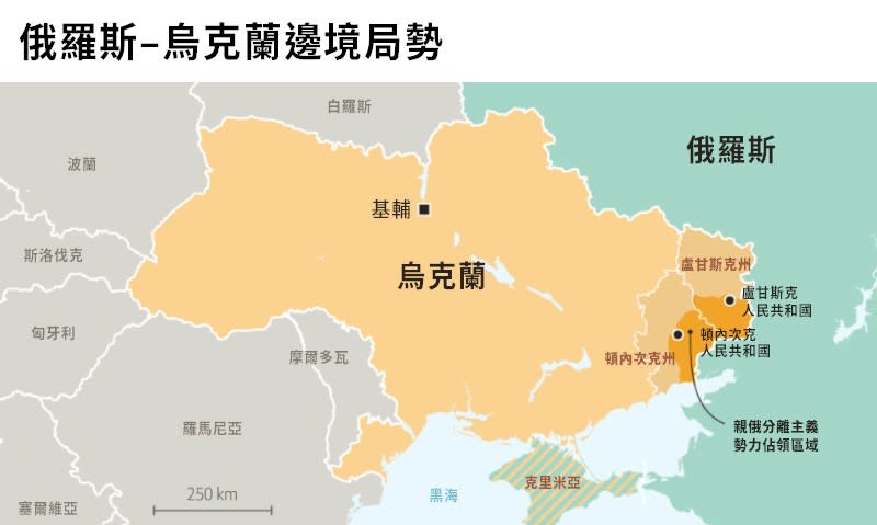 俄羅斯–烏克蘭邊境局勢。俄烏衝突、烏東地區頓巴斯、頓內次克、盧甘斯克。