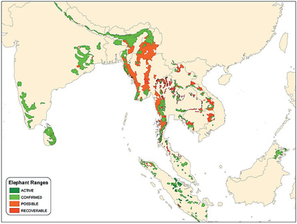 Asian elephants live in countries with large human populations, and their range has been shrunk and fragmented. Their future depends on human attitudes toward elephants and their conservation. <a href="https://www.trunksnleaves.org/status-threats.html" rel="nofollow noopener" target="_blank" data-ylk="slk:Hedges et al., 2008, via Trunks & Leaves;elm:context_link;itc:0;sec:content-canvas" class="link ">Hedges et al., 2008, via Trunks & Leaves</a>, <a href="http://creativecommons.org/licenses/by-nd/4.0/" rel="nofollow noopener" target="_blank" data-ylk="slk:CC BY-ND;elm:context_link;itc:0;sec:content-canvas" class="link ">CC BY-ND</a>