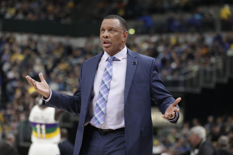 New Orleans Pelicans head coach Alvin Gentry during the second half of an NBA basketball game against the Indiana Pacers in Indianapolis, Friday, Feb. 22, 2019. The Pacers defeated the Pelicans 126-111. (AP Photo/Michael Conroy)