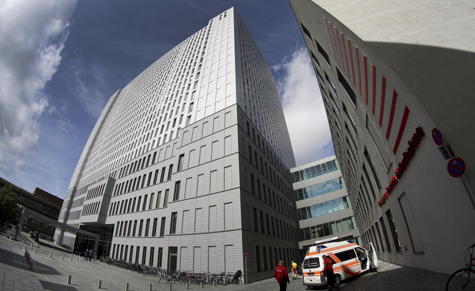 Exterior view of the Charite hospital where Russian opposition leader Alexei Navalny receives medical treatment in Berlin, Germany, Friday, Sept. 4, 2020. Russian President Vladimir Putin's spokesman has brushed off allegations of involvement in the poisoning of his most determined critic, accusing Germany of not providing Moscow with any evidence. (AP Photo/Michael Sohn)