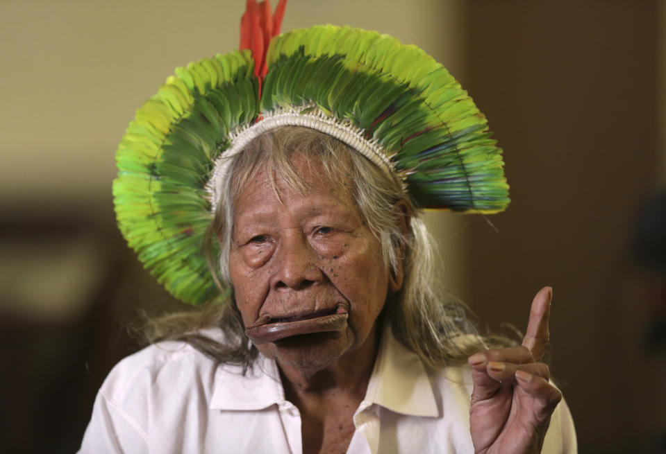 Chief Raoni Metuktire gives an interview in Brasilia, Brazil, Wednesday, June 7, 2023. Raoni, who became a symbol of the fight for the preservation of the Amazon rainforest, called upon Brazil's president on Friday, July 28, 2023 to defend the rights of Indigenous people. (AP Photo/Gustavo Moreno)