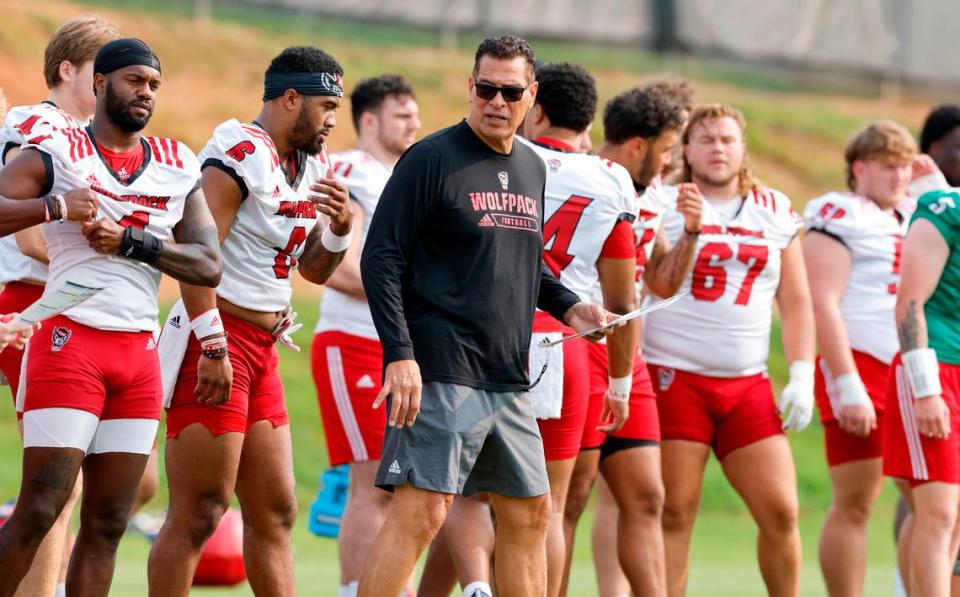 N.C. State offensive coordinator Robert Anae watches during the Wolfpack’s first fall practice in Raleigh, N.C., Wednesday, August 2, 2023.