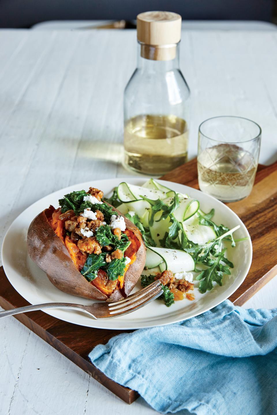 Chorizo and Kale-Stuffed Sweet Potatoes with Zucchini-Arugula Salad