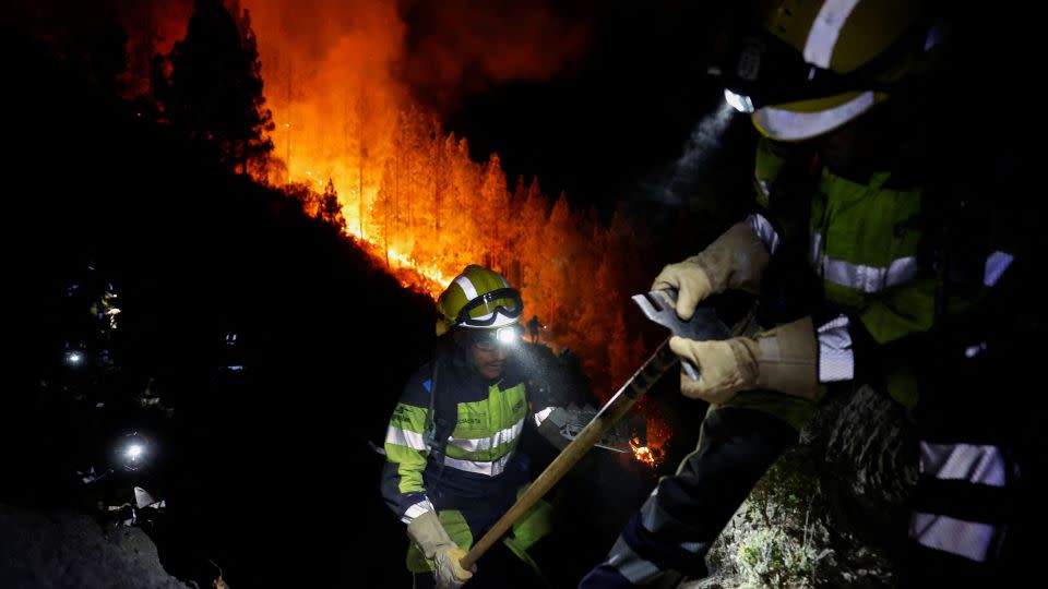 Forest firefighters work during to extinguish a forest fire in Arafo on the island of Tenerife, Canary Islands, Spain August 16, 2023.  - Borja Suarez/Reuters