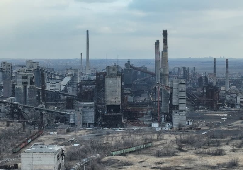 A drone view shows of the Avdiivka Coke and Chemical Plant in the town of Avdiivka