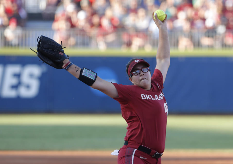 Oklahoma starting pitcher Giselle Juarez throws to a UCLA batter during the first inning of Game 2 of the best-of-three championship series in the NCAA softball Women's College World Series in Oklahoma City, Tuesday, June 4, 2019. (AP Photo/Alonzo Adams)