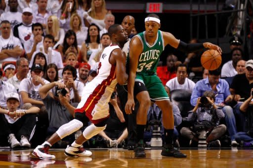 Boston Celtics' Paul Pierce and Miami Heat's Dwyane Wade during game five of their NBA Eastern Conference finals on June 5. Boston moved to within one victory of the NBA Finals as they beat Miami 94-90