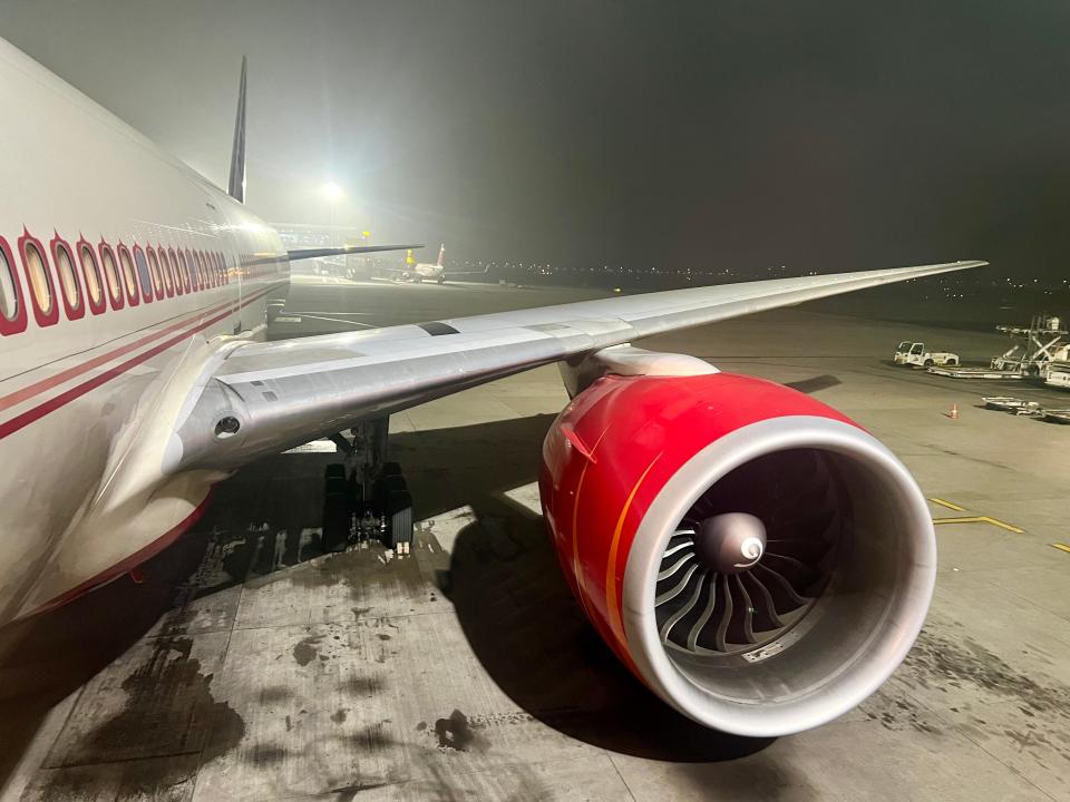 The Boeing 777's engine during boarding.