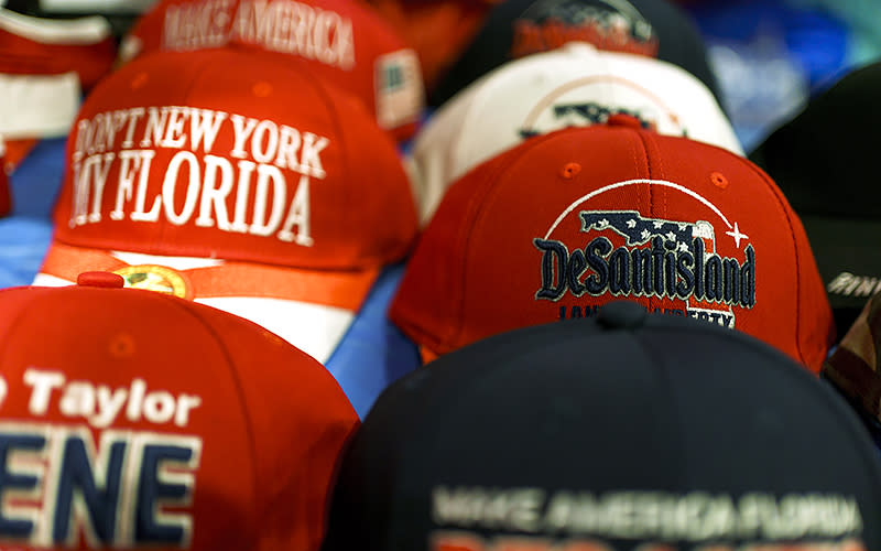 A hat in support of Florida Gov. Ron DeSantis (R) is seen during the Conservative Political Action Conference (CPAC) at the Gaylord National Resort and Convention Center in National Harbor, Md., on Thursday, March 2, 2023. <em>Greg Nash</em>