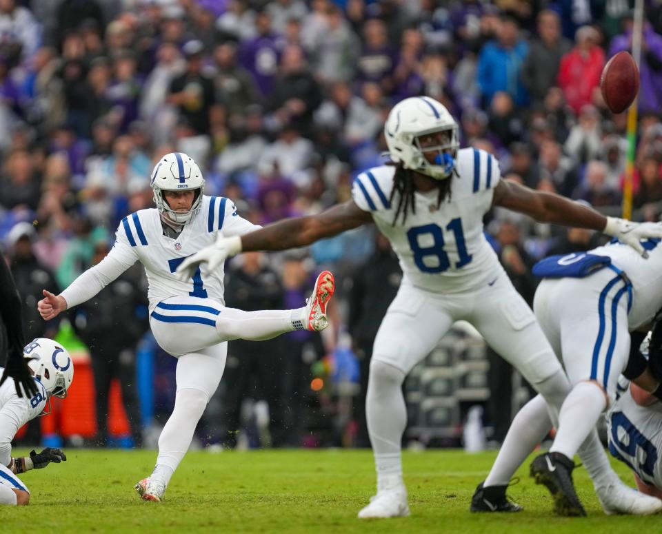 Indianapolis Colts place kicker Matt Gay (7) kicks a field goal during third quarter action on Sunday, Sept. 24, 2023, at M&T Bank Stadium in Baltimore.