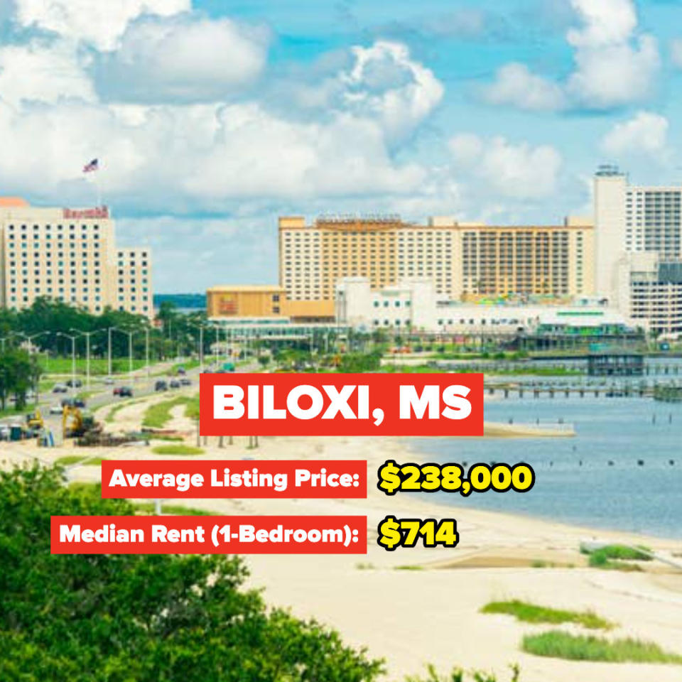 Biloxi, Mississippi — Average Listing Price: $238,000; Median Rent for a one-bedroom: $714