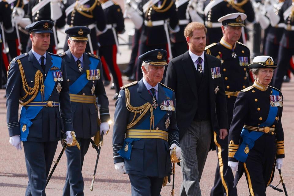 PHOTO: King Charles III, center, Princess Anne, Prince William and Prince Harry follow the cortege carrying the coffin of Queen Elizabeth II to Westminster Hall in London, Sept. 14, 2022. (Hollie Adams/Bloomberg via Getty Images, FILE)