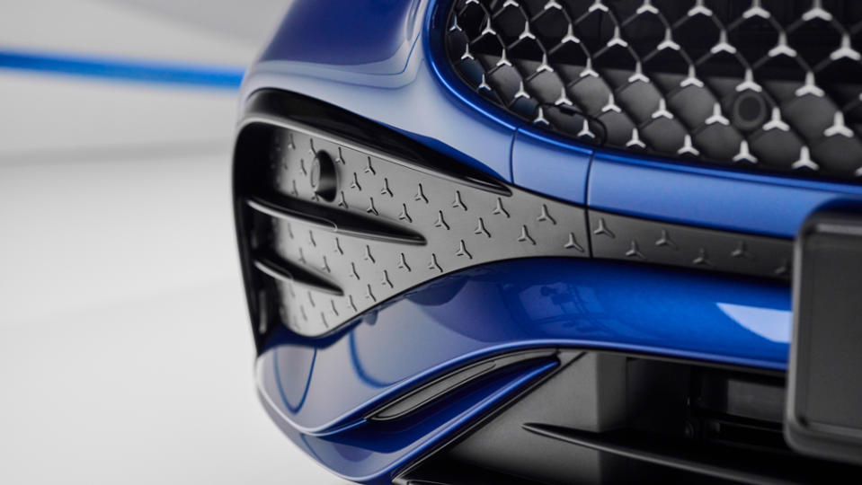 A close-up of the lower grille and front fascia of the 2024 Mercedes-Benz CLE Coupe.