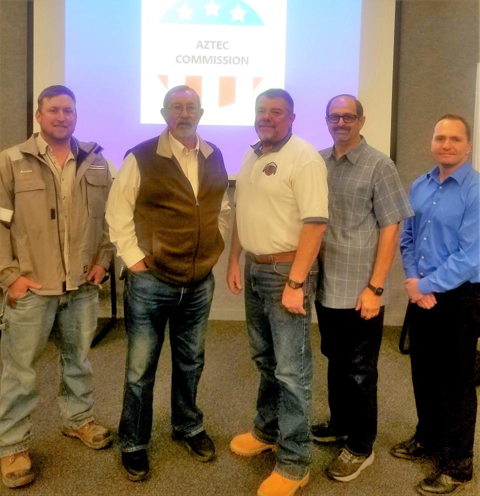 Members of the Aztec City Commission pose for a photo, from left to right: Austin Randall, Michael Padilla, Sr., Ken George, Jim Crowley, and Colby King.