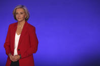 Valerie Pecresse waits at the Conservative party Les Republicains headquarters after being elected as the party's presidential candidate, Saturday, Dec. 4, 2021 in Paris. The head the Paris region, Valerie Pécresse, was facing a hardline lawmaker from Nice, Eric Ciotti in the final round of The Republicans' primary. (AP Photo/Rafael Yaghobzadeh)