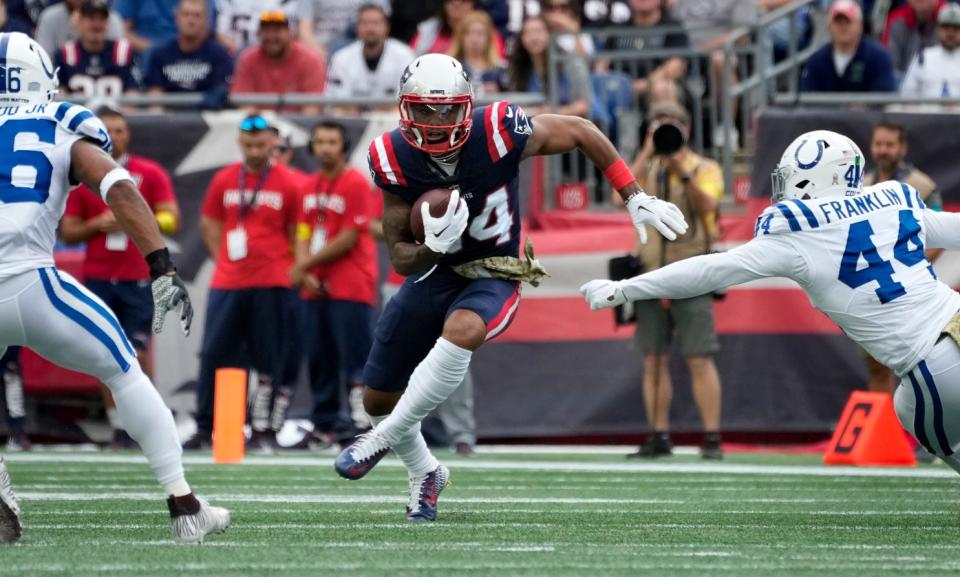Pats receiver Kendrick Bourne runs for yardage after a first-quarter reception against the Colts in a 2020 game.