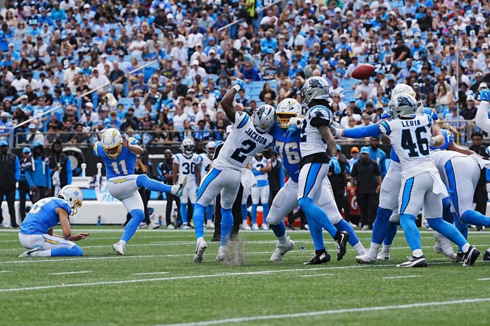 The Chargers' Cameron Dicker kicked field goals of 46 and 42 yards against the Carolina Panthers.