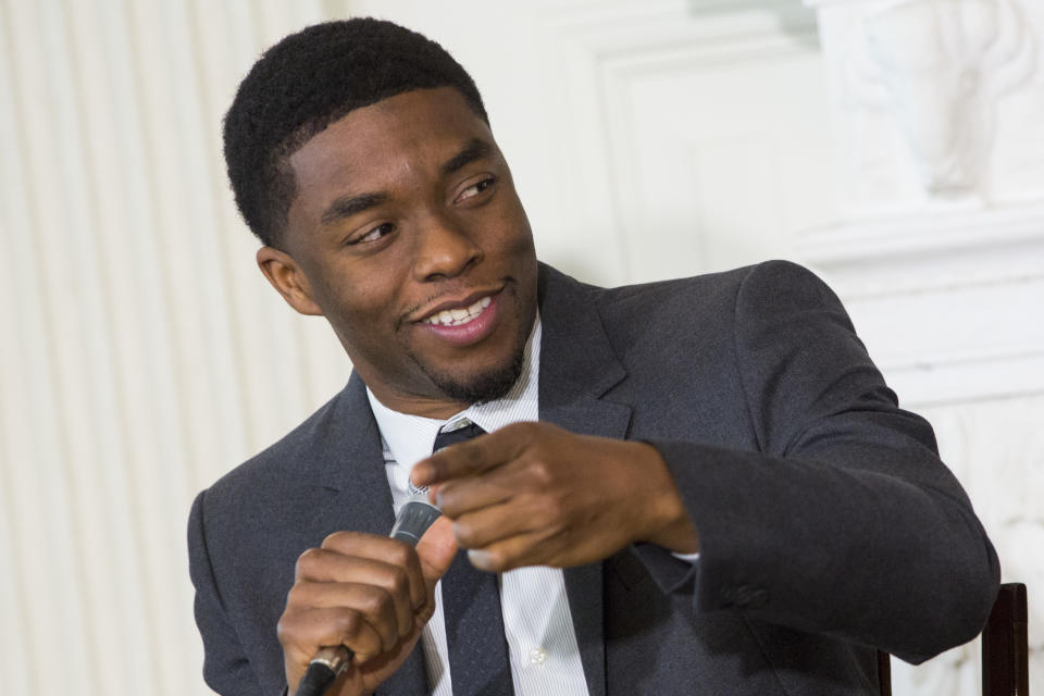 Actor Chadwick Boseman participates in a student workshop with the cast and crew of the film student workshop with the cast and crew of the film “42.” with local high school students in the state dining room of the White House in Washington, D.C., on April 2, 2013. (Photo by Kristoffer Tripplaar/ Sipa USA)