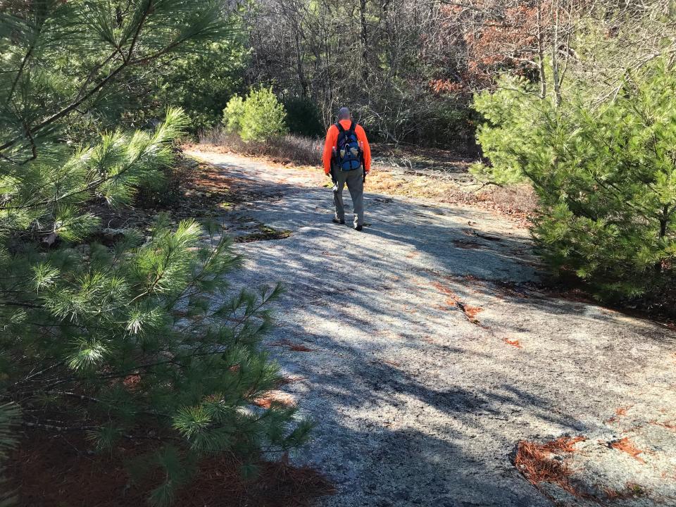 The trail crosses a smooth, flat granite ledge that may remind hikers of the bald summits of small mountains in New Hampshire.
