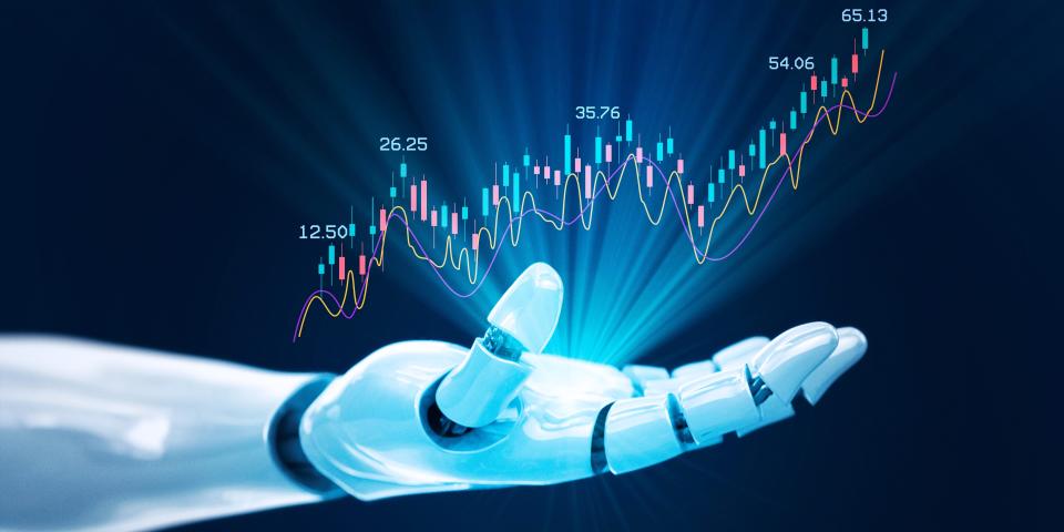 Robot showing stock market financial growth chart