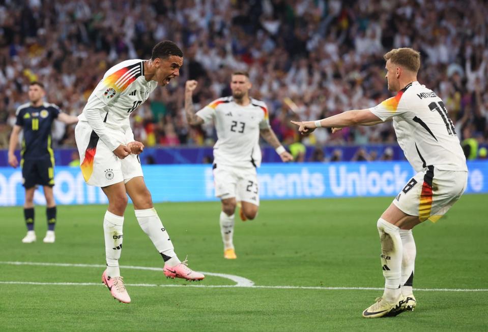 Jamal Musiala, left, celebrates after scoring Germany’s second goal (Getty Images)