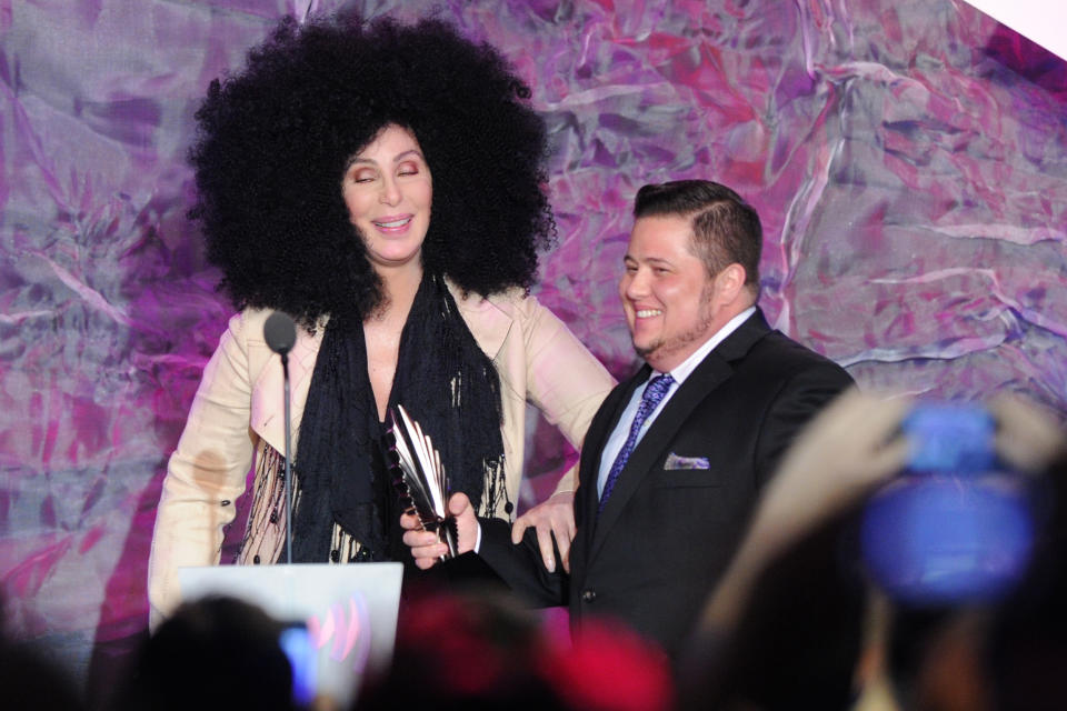 Cher greets her transgender child Chaz Bono at The 23rd Annual GLAAD Media Awards on April 21, 2012 in Los Angeles, CA. (AP Photo/Vince Bucci)