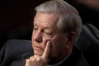 Sen. Lindsey Graham, R-S.C., listens during the confirmation hearing for Supreme Court nominee Amy Coney Barrett, before the Senate Judiciary Committee, Tuesday, Oct. 13, 2020, on Capitol Hill in Washington. (Erin Schaff/The New York Times via AP, Pool)