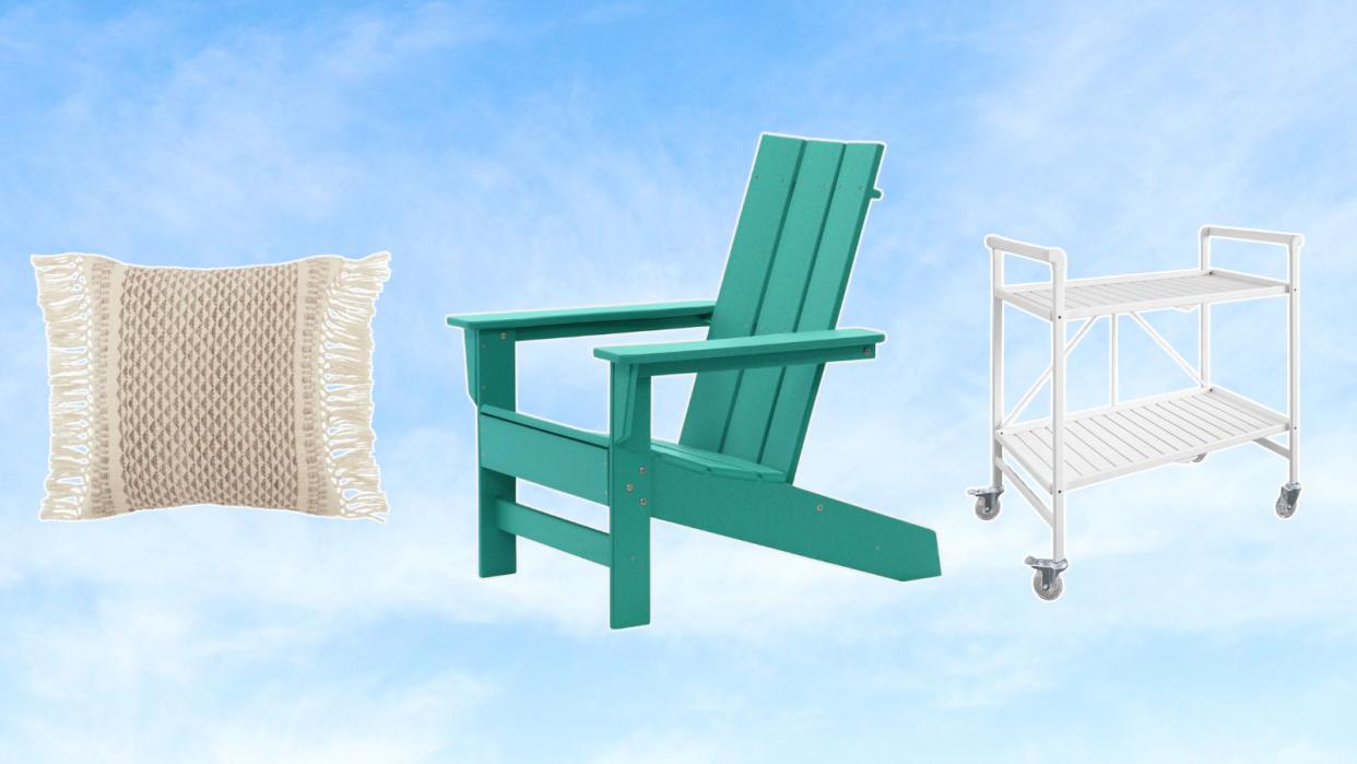  Outdoor furniture including a boho pillow Adirondack chair and bar cart. 