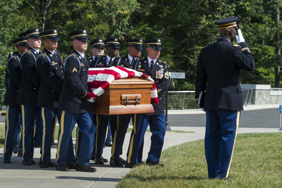 Casket carry teams with the 3rd Infantry Regiment, also known as the Old Guard, carry the remains of one of two unknown Civil War Union soldiers to their grave at Arlington National Cemetery in Arlington, Va.,Thursday, Sept. 6, 2018. The soldiers were discovered at Manassas National Battlefield and will be buried in Section 81. Arlington National Cemetery opened the new section of gravesites with the burial. (AP Photo/Cliff Owen)