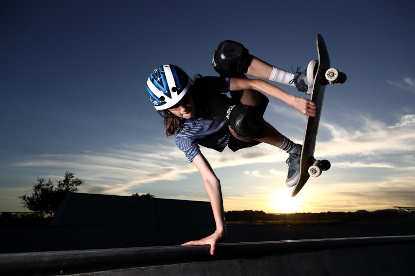 NAPA, CALIFORNIA - JUNE 03: 14-year-old Olympic hopeful skateboarder Minna Stess trains at a skatepark.