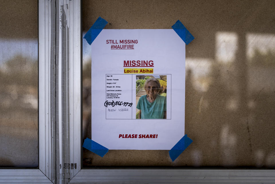 A missing person flyer for a Lahaina, Hawaii, resident is posted on a bulletin board at King's Cathedral Maui in Kahului, Hawaii, Saturday, Aug. 19, 2023. As days turn into weeks, the odds are growing longer for families hoping to be reunited with missing loved ones after a fire swept across Hawaii's town of Lahaina. (AP Photo/Jae C. Hong)