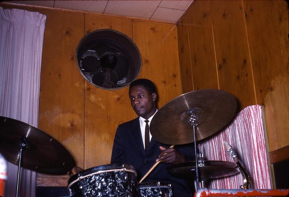 Clarence Becton on drums plays the Pythodd Club in this circa 1961 photo.