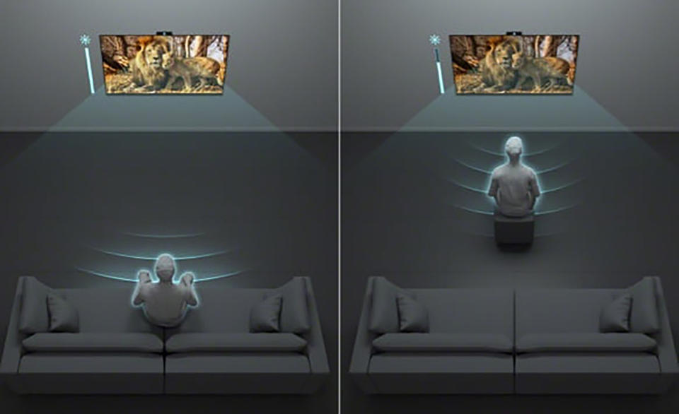 Split-panel image. On the left, a rendered figure sitting on a living-room couch with his TV's brightness set to max. On the right, the same figure sitting on an ottoman closer to the TV with the brightness tuned to around 70 percent.