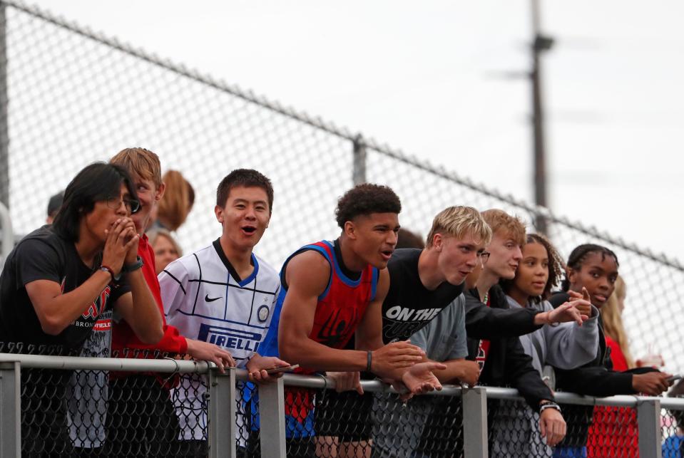 Fans cheer during the IHSAA boy’s track and field sectional meet, Thursday, May 16, 2024, at West Lafayette High School in West Lafayette, Ind.