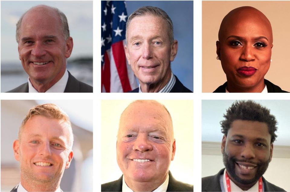 Top, left to right: Incumbents Bill Keating, Stephen Lynch and  Ayanna Pressley. Bottom, left to right: Challengers Jesse Brown, Robert Burke and Donnie Palmer.