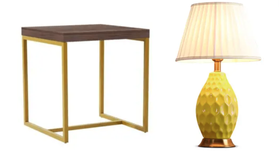 Brass side table and vintage table lamp