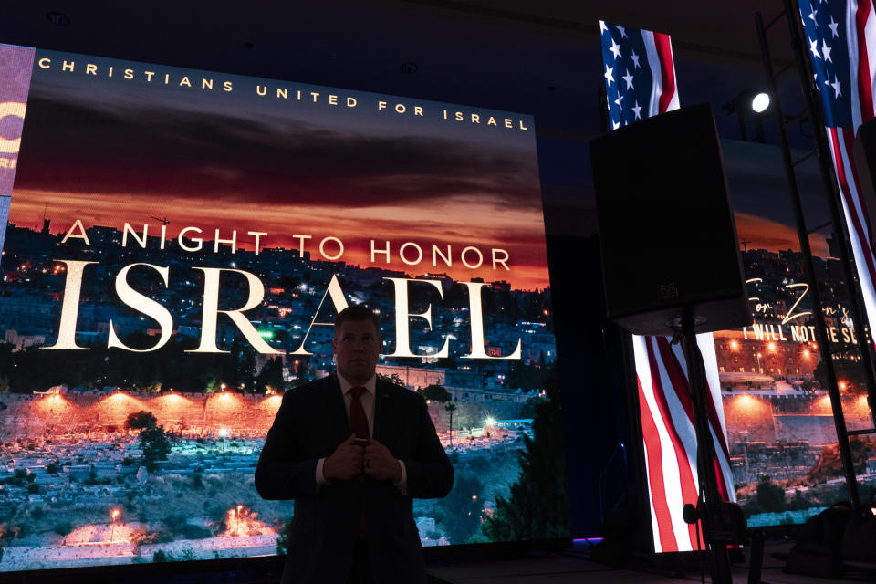 Security works ahead of the arrival of Republican presidential candidate former South Carolina Gov. Nikki Haley to speak at the Christians United For Israel (CUFI) "Night to Honor Israel" during the CUFI Summit 2023, Monday, July 17, 2023, in Arlington, Va., at the Crystal Gateway Marriott. (AP Photo/Jacquelyn Martin)